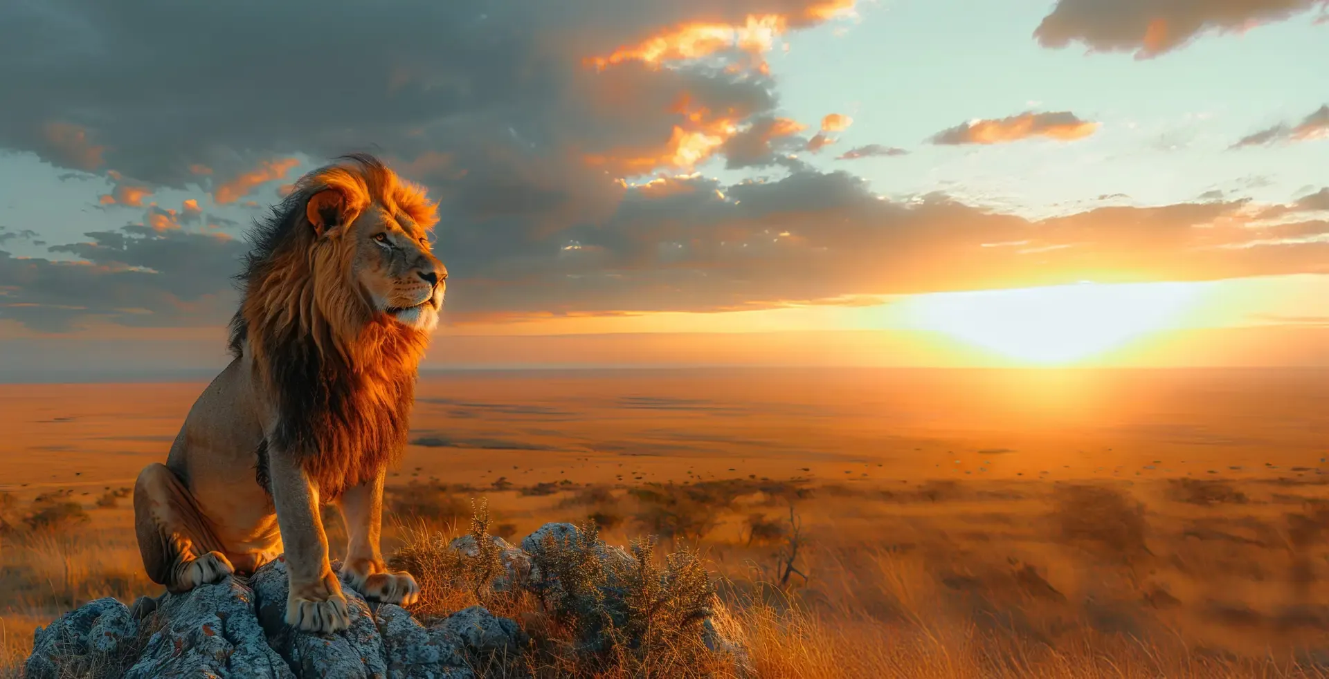 A lion overlooking the East African savanna at sunset
